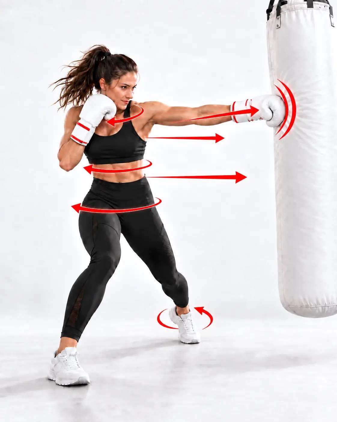 Woman using her full body to punch a white heavy bag, with arrows showing forward motion and rotation