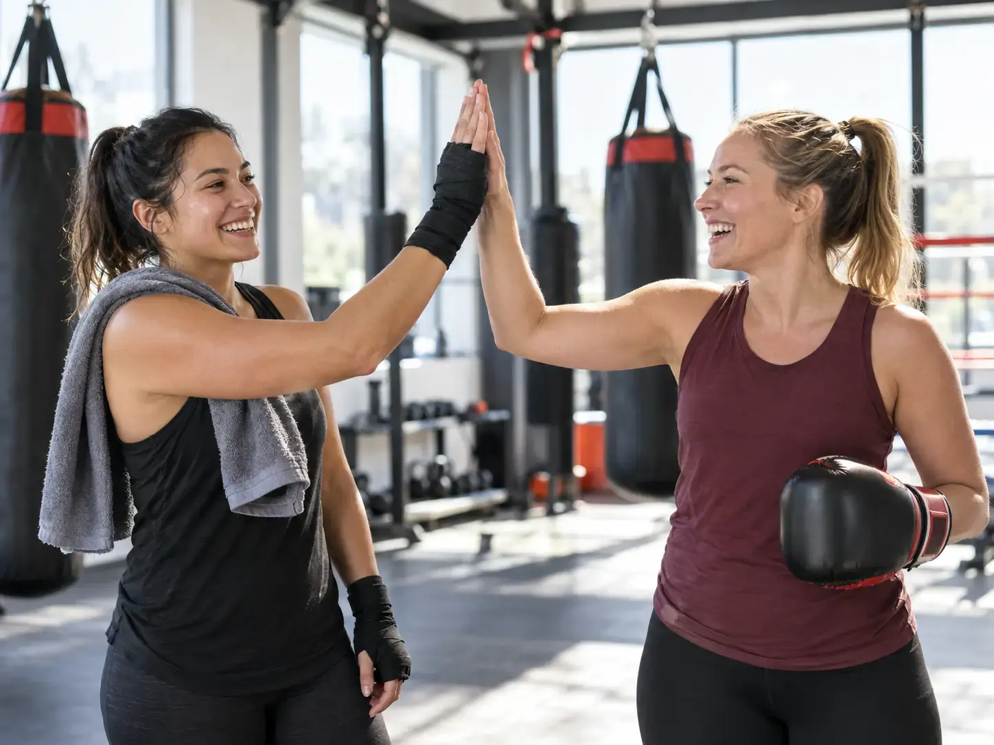 Two women smiling and high-fiving after training in a bright boxing gym