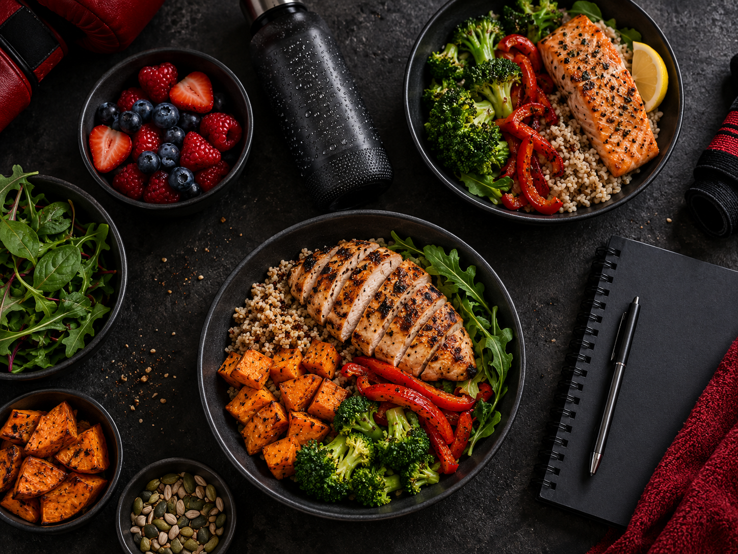 Balanced meal-prep containers with protein, grains, vegetables, fruit, and water