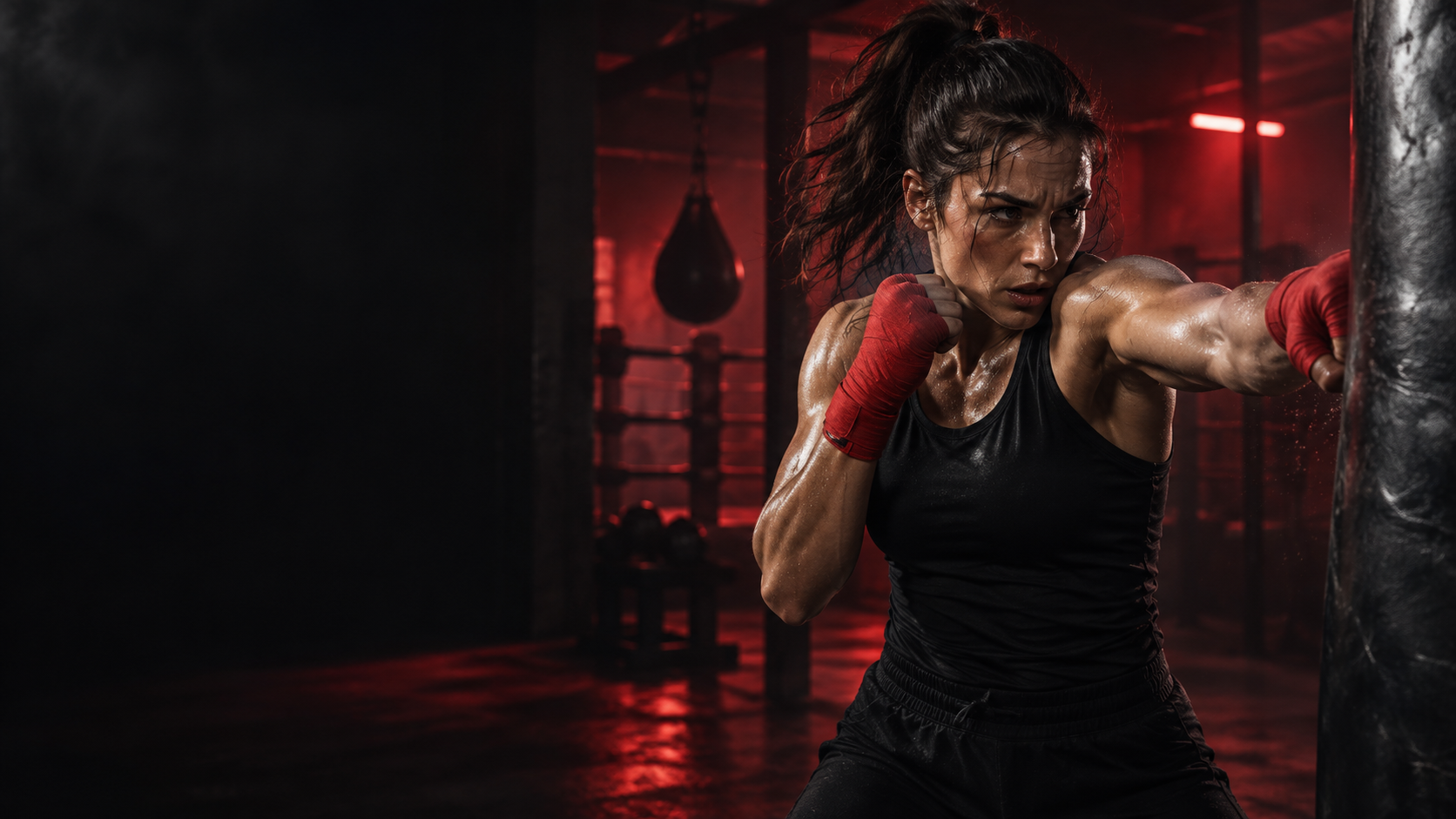 Boxer training on a heavy bag in a dark gym