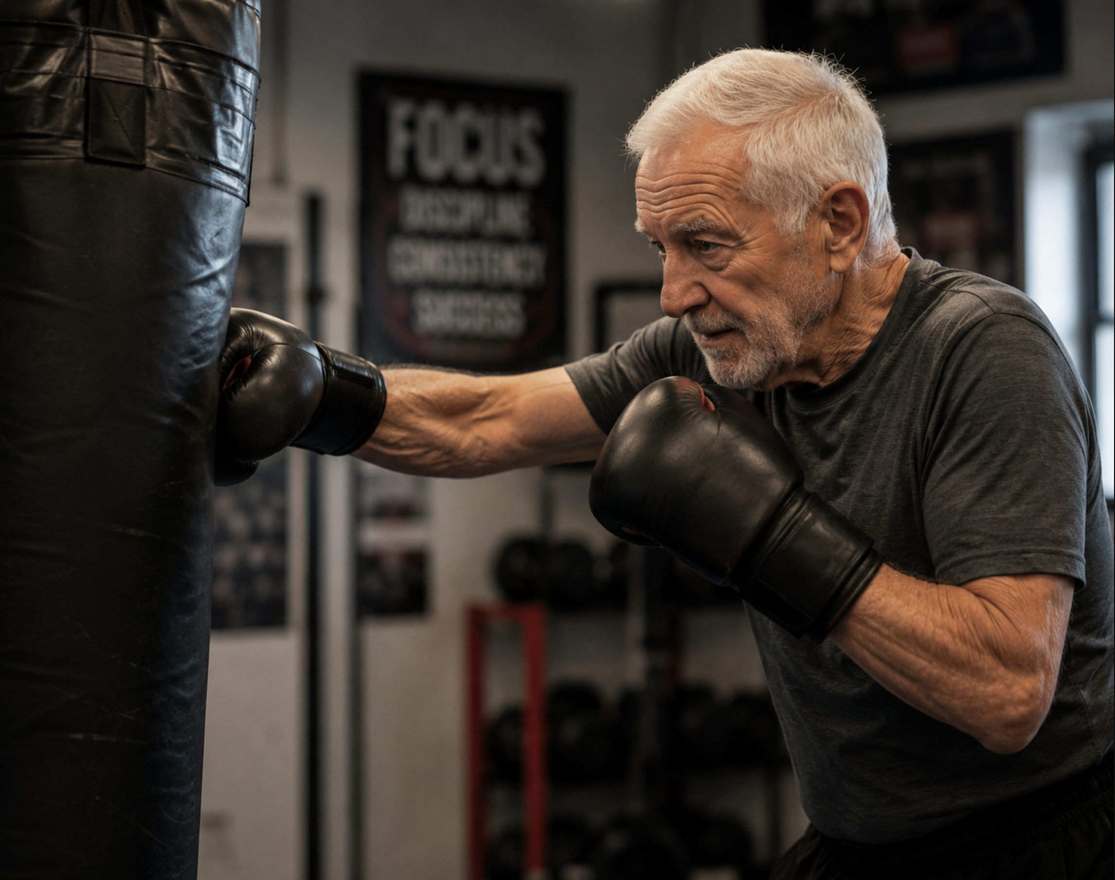 Older adult boxing with a trainer in the Senior Slugger Parkinson's fitness class at Punch