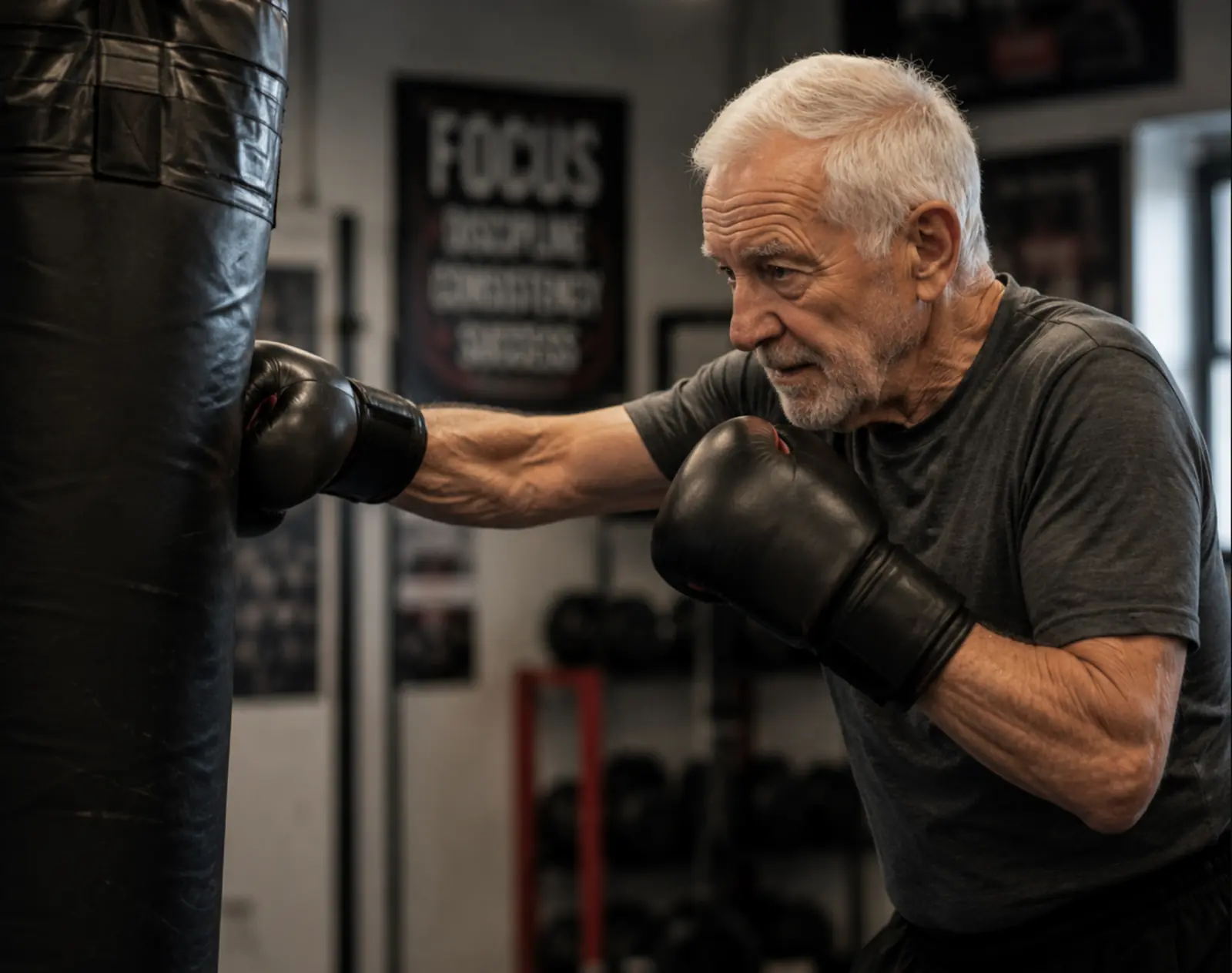 Older adult boxing with a trainer in the Senior Slugger Parkinson's fitness class at Punch